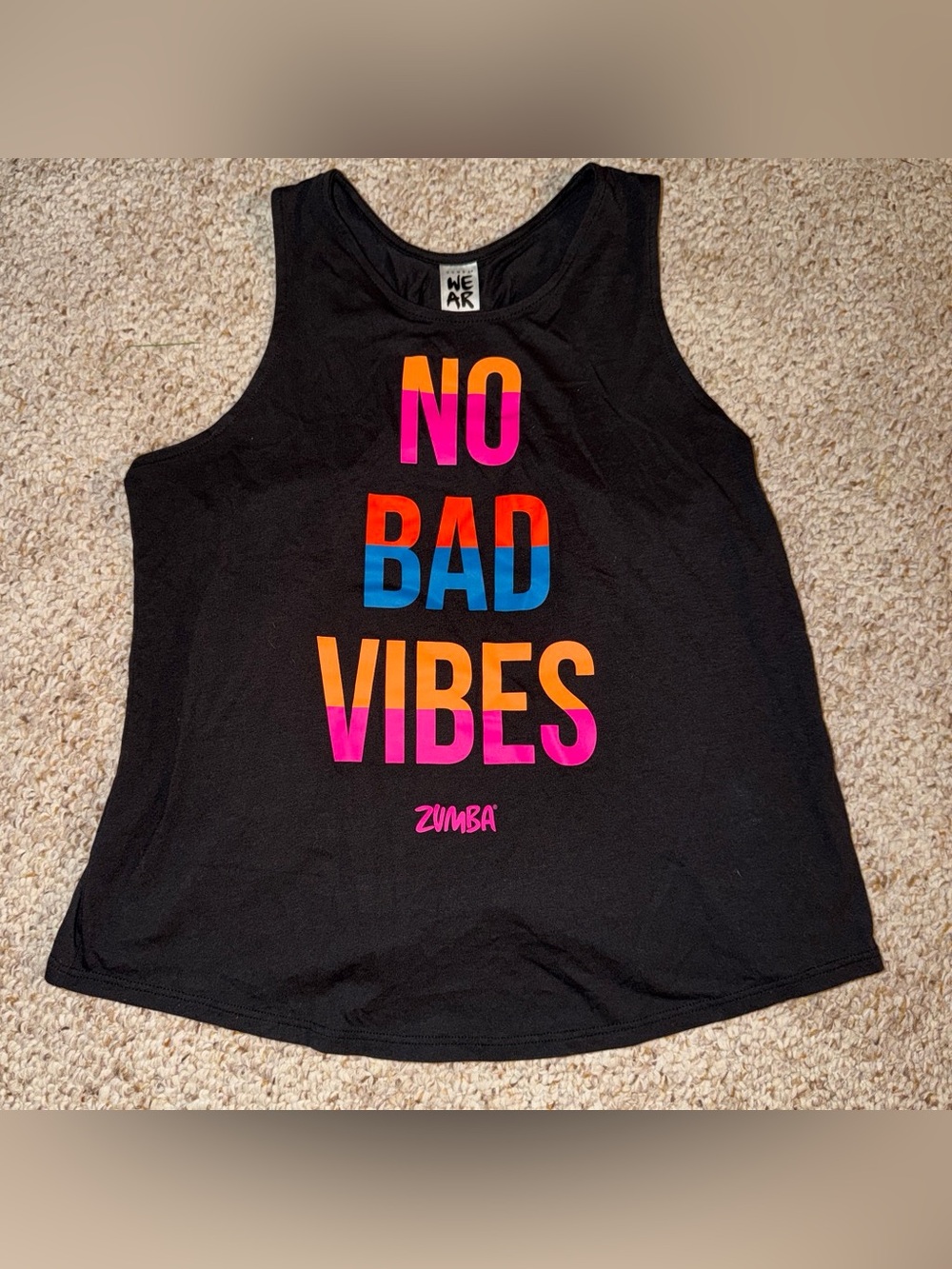 Zumba Fitness Black Tank Top with Multicolor "NO BAD VIBES" Size Small